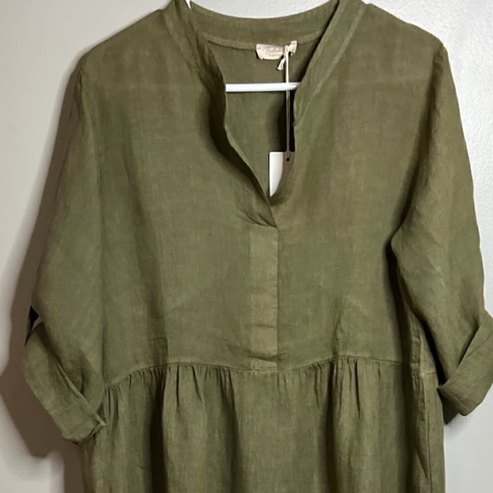BELLA AMBRA Made In Italy Linen Roll Tab Sleeve Tiered Dress in Olive Size M